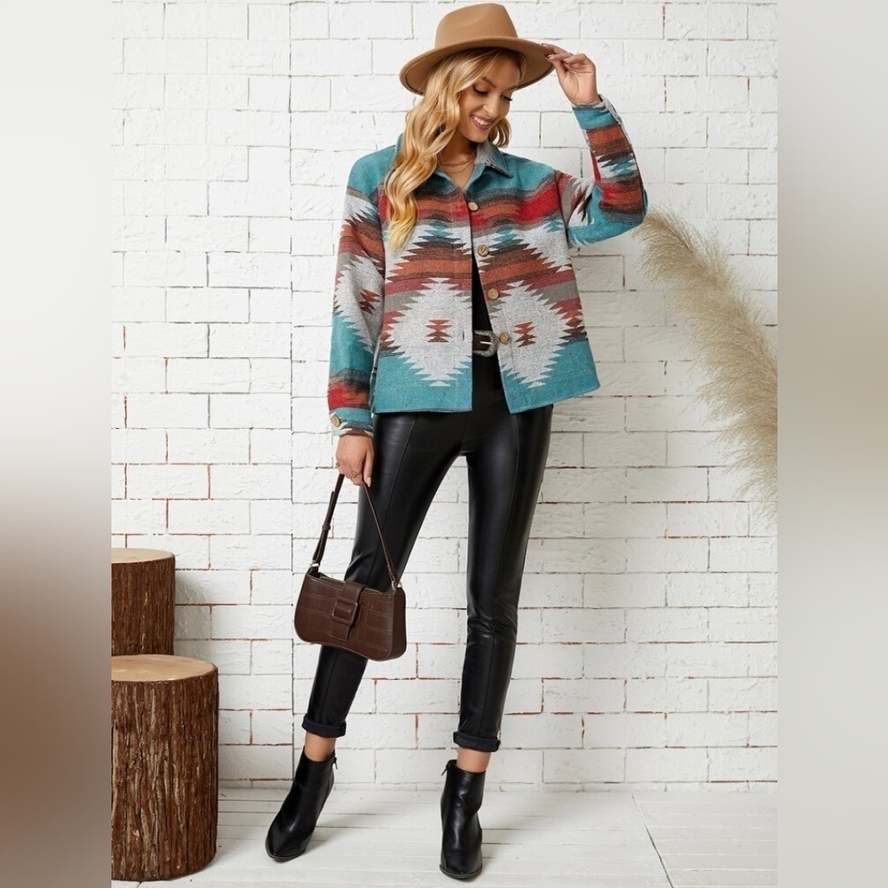Emery Rose Geo Print Aztec Drop Shoulder Shacket Jacket XL